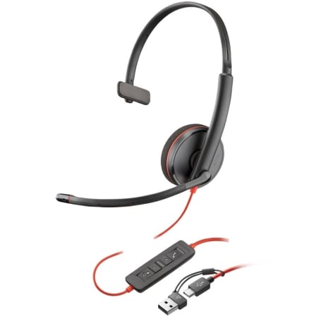 Auricular Poly Blackwire 3210 + Adaptador USB-C/A/ con Micrófono/ USB Tipo-C/ Negro